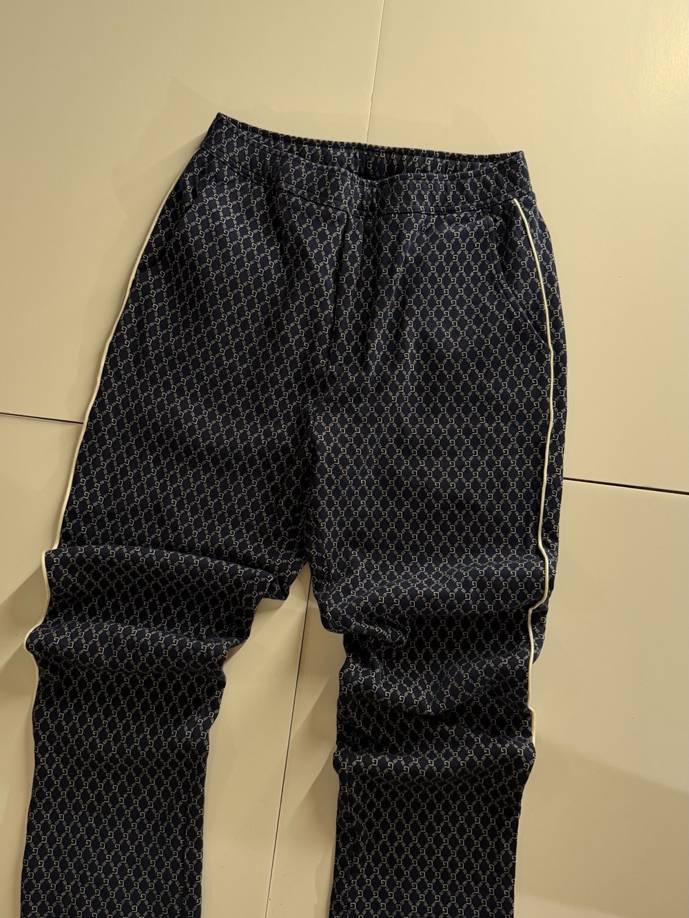 Gucci Navy Monogram Joggers with White Side Piping